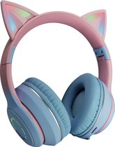 Relave Koptelefoon Kinderen Met Led Verlichting Bluetooth - Kattenoortjes - Kattenoren - Kinder Koptelefoon / Hoofdtelefoon Draadloos Over Ear - Blauw / Roze