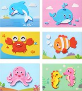 Ainy - Vissen 3D Knutselpakket kleurplaten | 6 in 1 knutselpakketten tekenen & kleuren | Montessori foam stickers knutselen voor meisjes en jongens | Creatief speelgoed voor kinderen | Set met unicorn, olifant, krokodil, tijger, uil en leeuw