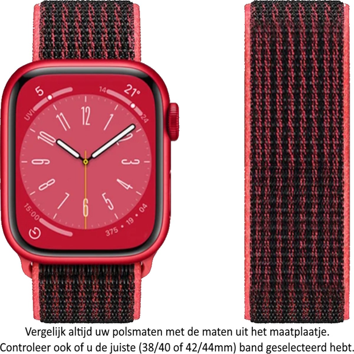 Rood Zwarte Nylon Horloge Band geschikt voor Apple Watch 1, 2, 3, 4, 5, 6, 7, 8, SE, 42mm, 44mm & 45mm "Mannenbreedte" Series Zacht Geweven Nylon 42 mm, 44mm en 45 mm - Red Black - Maat: zie maatfoto