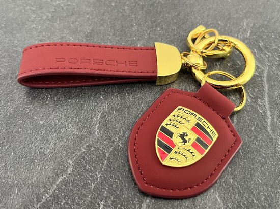 Porsche | Sleutelhanger | Leder | Bordeaux Rood | Metaal