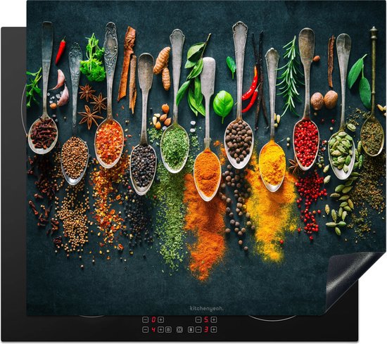 KitchenYeah® Protection plaque induction 59x51 cm - Épices - Cuillères - Colorées - Protege plaque de cuisson - Couvre plaque induction - Protecteur d'induction - Cuisine