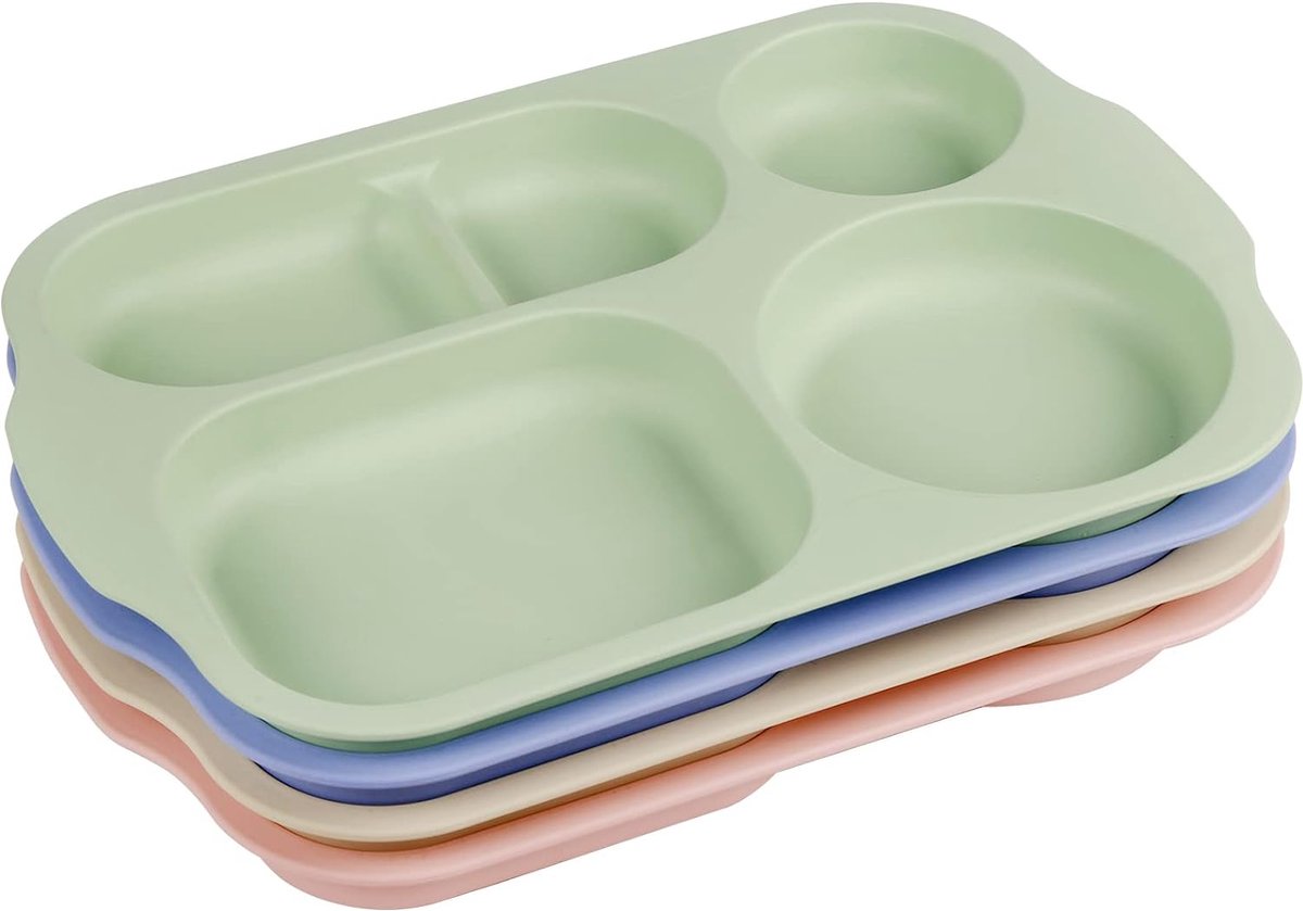 Menutborden, 4 stuks, gedeelde borden, 5 vakken, 28 cm, onbreekbare en onbreekbare borden voor kinderen en volwassenen, magnetron- en vaatwasserbestendig, kleurrijk, modern design