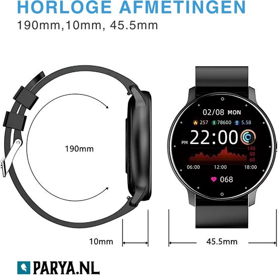 Zwarte smartwatch met band en afmetingen: 190mm lengte, 10mm dikte, 45.5mm breedte. PARYA.NL logo.