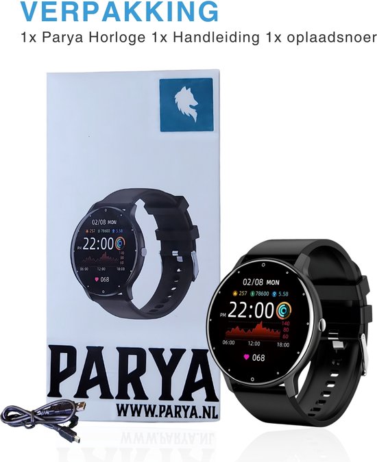 Parya Official Dark Black - Smartwatch - Smartwatch Heren - Smartwatch Dames - Stappenteller Horloge - Smartwatches - Bloeddrukmeter pols - Saturatiemeter - IOS & Android