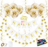 Fissaly Guirlande d'Anniversaire Blanc & Or avec Ballons à Confettis en Papier - Décoration - Joyeux Anniversaire - Guirlande de Lettres