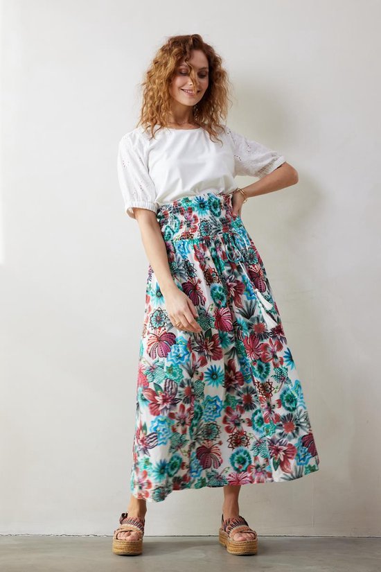 DIDI Dames Smocked skirt Magic in Offwhite with Floral Medley print