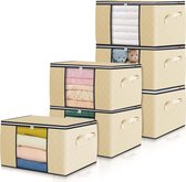 6 stuks 90 l opbergtas, groot, opbergdoos met deksel, versterkte handgreep, opvouwbare verhuisdozen met helder venster, opslag voor kleding, dekbedden, deken, koffer, organizer, beige