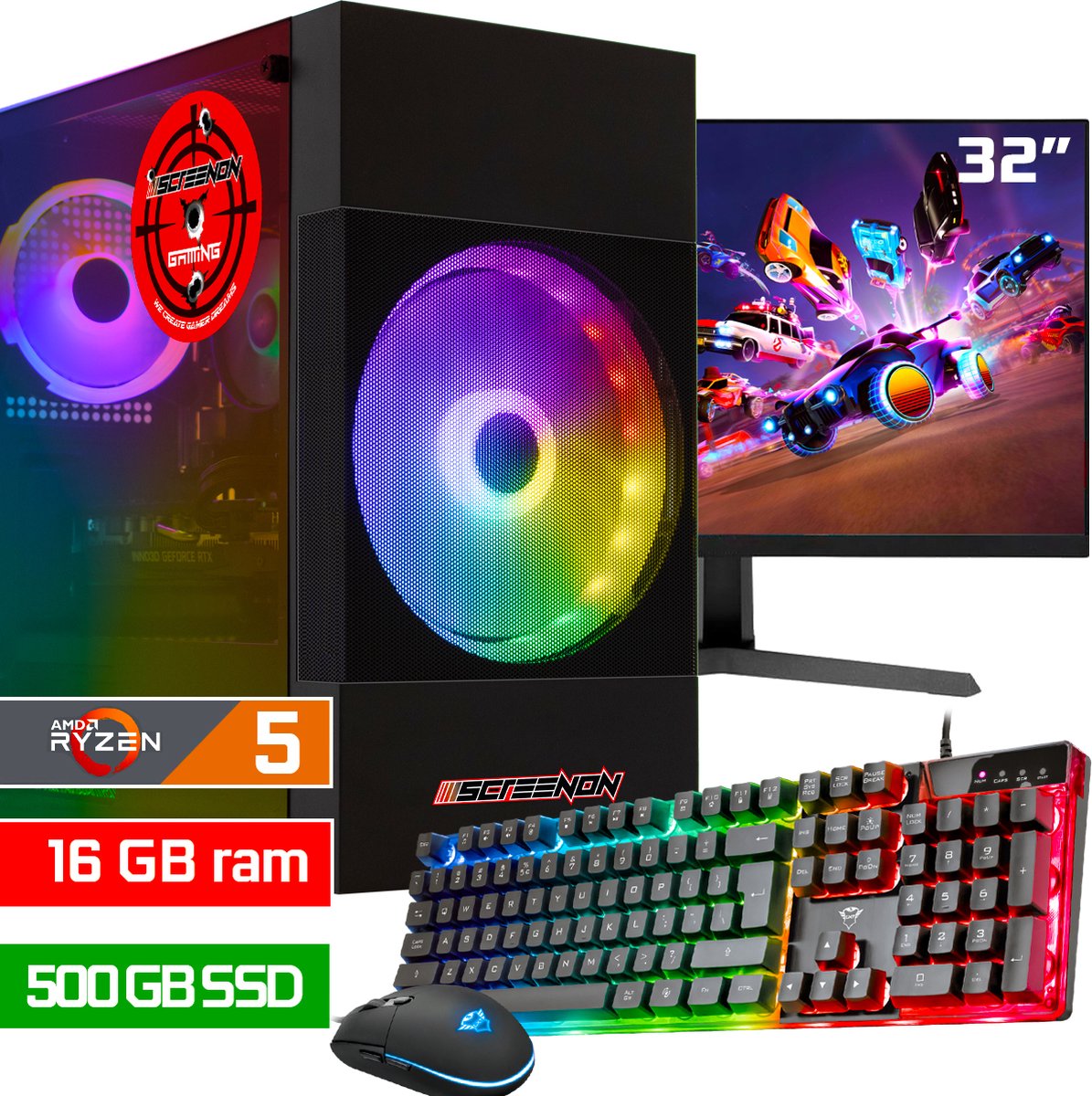 ScreenON - Game Computer / Gaming PC Set (32" Monitor + Muis & Toetsenbord) - Ryzen 5 8500G - 500 M.2 SSD - 16GB RAM - AMD Radeon 740M - Windows 11