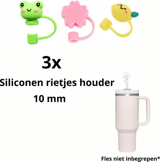 Siliconen rietje accessoire - beker niet inbegrepen - afsluitbaar - anti lek - bewaren - Straw cover cup - voor Stanley cup - Bloem - Kikker - Citroen - 3 stuks - cadeautip - multipack - drinkrietje - rietje - herbruikbaar - recycle - Moniki