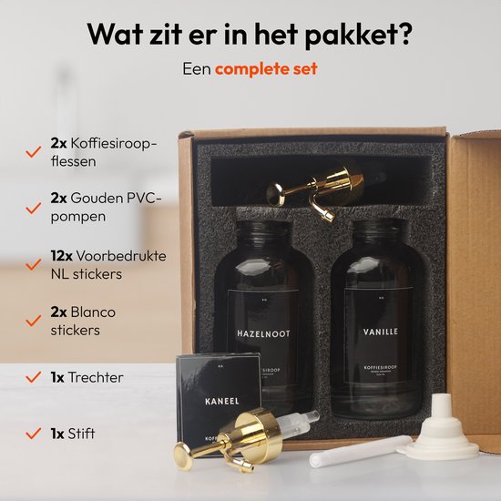 MoliMoli Koffie Siroop Dispenser Set 4 Stuks - Glazen Flessen Met Pomp En Labels