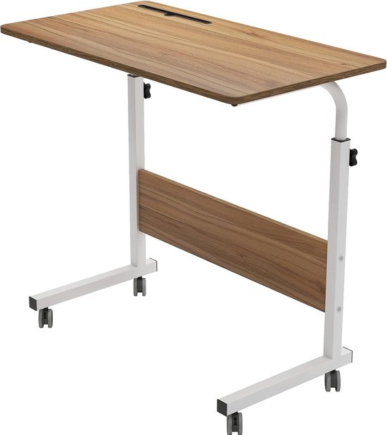 In hoogte verstelbaar laptoptafel, computertafel met tablet-sleuf, 80 x 40 cm, pc-tafel, salontafel, verzorgingstafel, bijzettafel met wieltjes, eiken