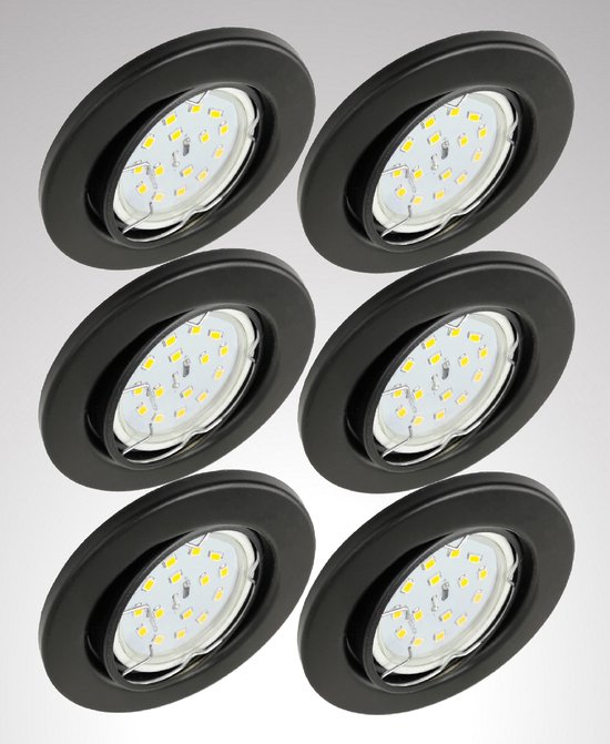 Trango Set van 6 IP23 LED inbouwspots 6729-065-5WAK in zwart mat incl. 6x 5 Watt GU10 LED lamp 3000K warm wit & GU10 fitting, badkamerlamp, plafondlamp, plafondspot