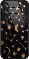 Coque en verre Samsung Galaxy S24 - Compter les étoiles - Couleur or - Hard Case Zwart - Coque arrière pour téléphone - Étoiles - Casimoda