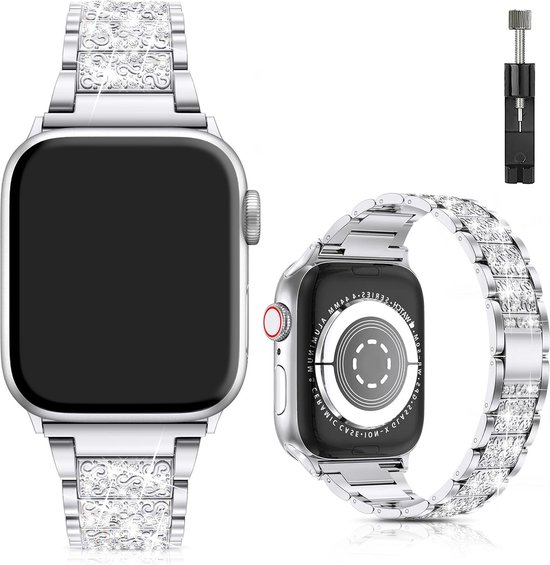 FFO2World Luxe Elegante Diamant Shining Bandje, Compatibel met Apple Watch Bandje 38/40/41/42mm - Zilver - Geschikt voor Series 10-1/SE/SE2/Ultra 2/1, Diamant Vervangingsarmbandje, iWatch Bandje Sieraden, Metaal Armbandje, Verstelbare Polsband