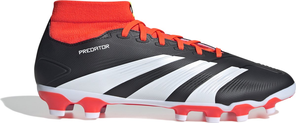 Zwarte en rode Adidas Predator 24 League voetbalschoen voor heren, maat 40 2/3, met opvallende witte strepen.