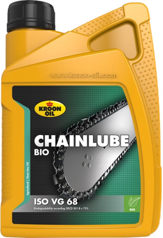 Gele fles kettingolie met zwart deksel. Label toont een zaagketting en de tekst 'CHAINLUBE BIO ISO VG 68'.