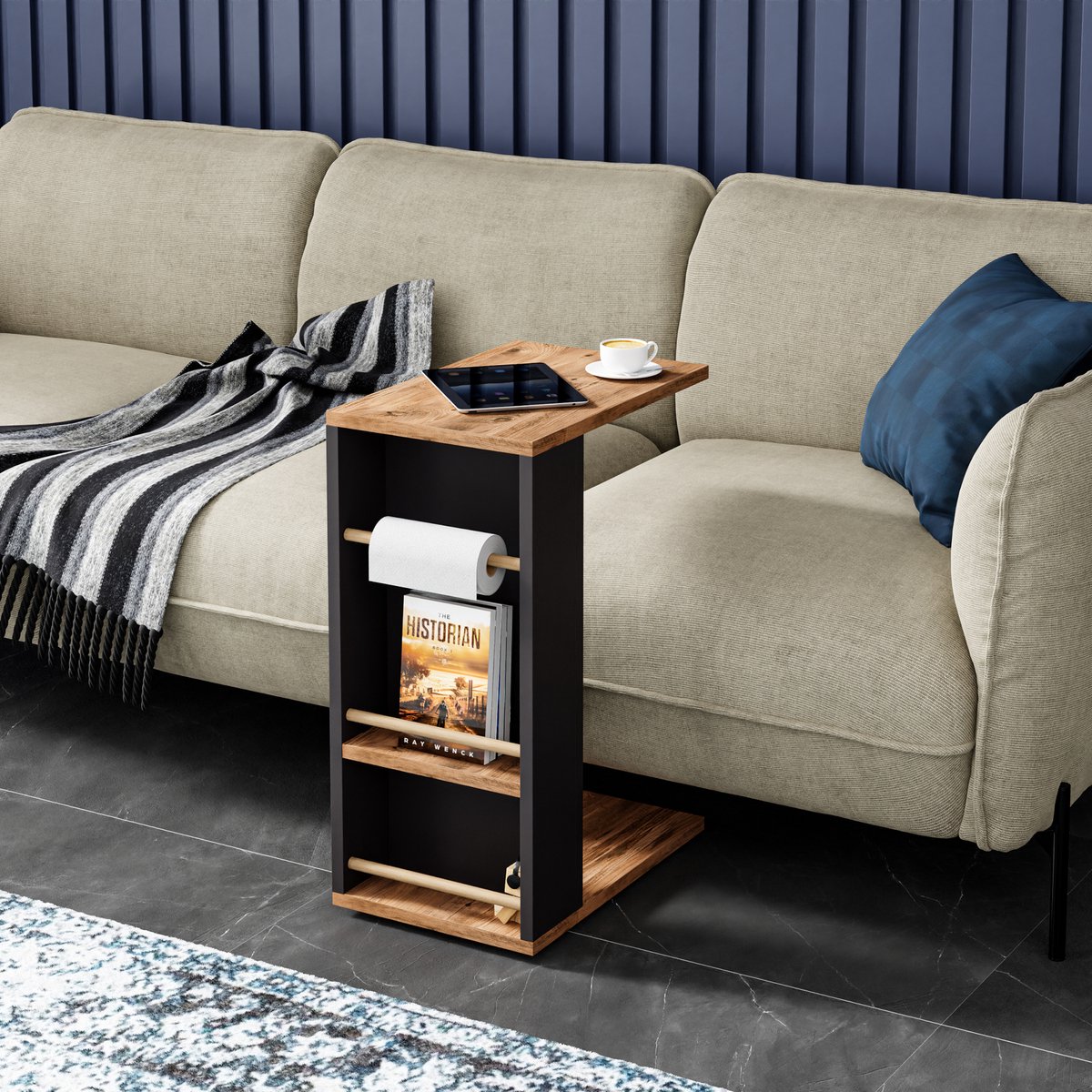 en.casa Bijzettafel Siikainen laptoptafel met horizontale spijlen en wielen 44x29x65 cm houtkleurig en zwart