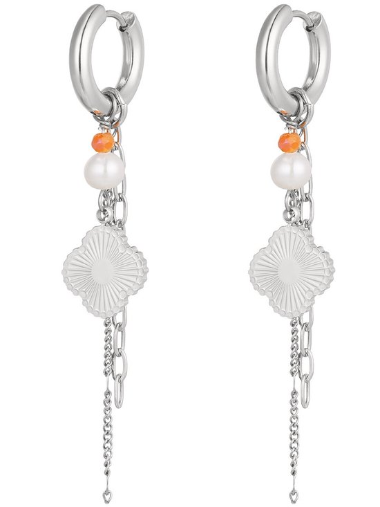 Joy Ibiza - Klaver bedel oorbellen - oorringen met bloem hanger en kettinkje - wit en oranje kraaltjes - klap scharnier - ear party boho - bohemian bloem - stainless steel