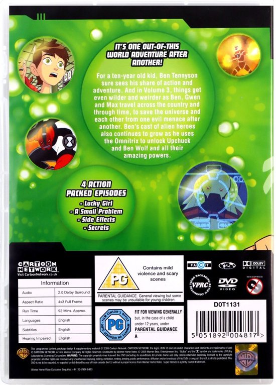 Achterkant van de Ben 10 Seizoen 1 Volume 3 dvd-hoes, met beschrijving en afbeeldingen van personages.