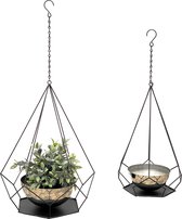 Bloempot 96095 Metalen wandhangplanten voor binnen, set van 2 met pot, 6 hoeken, plantenhanger, bloempot, hangpot