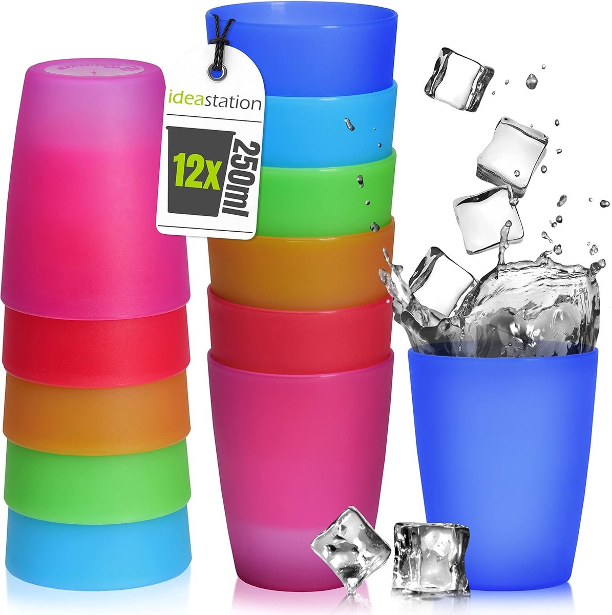 Neo kunststof bekers, 250 ml, kleurrijk, herbruikbaar, onbreekbaar, plastic beker, party-beker, drinkbeker, party-servies, campingservies, drinkglazen, voor kinderen