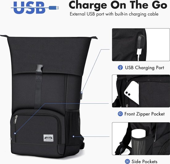 Blackbeat - Waterafstotende rolltop rugzak voor dames en heren - met laptopvak, 2 buitenvakken, drank- en kofferhouder - dagrugzak voor fiets, werk, reizen en sport - 15 x 28 x 56 cm