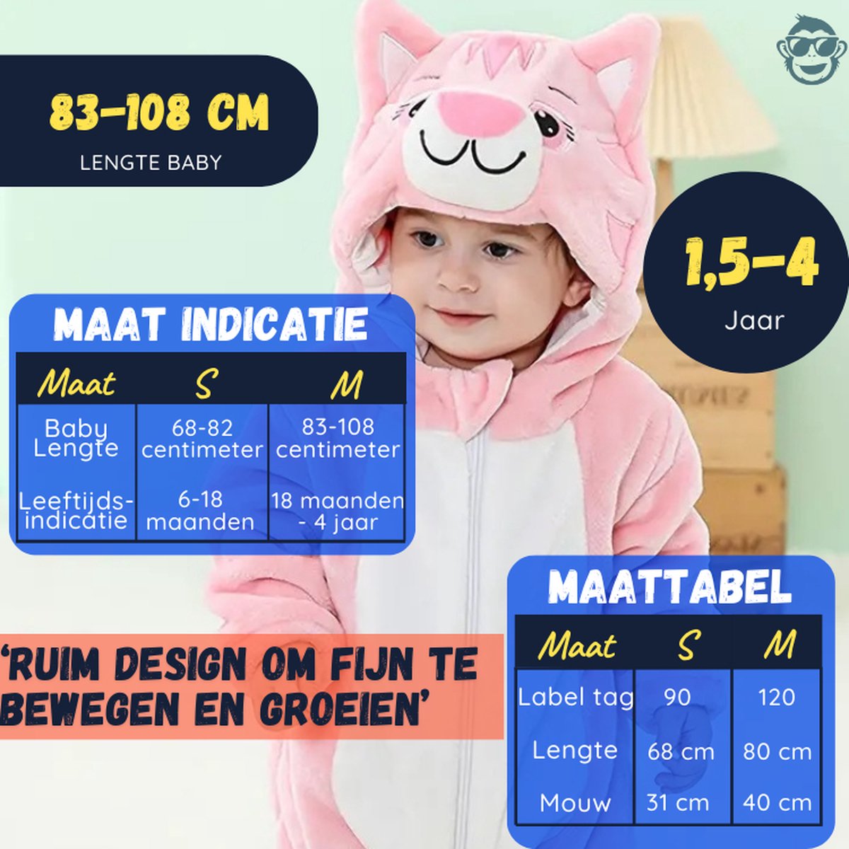 BoefieBoef Dieren Kleuter Onesie Peuter Pyjama Kinderen – Verkleedkleding met Luierrits – Carnaval Dierenpak - Kerst Cadeau- Zacht Flanel - Baby Romper - Boxpak - Jongens - Meisjes - Kruippak - Winterpak - Poes Roze Kat Cat — afbeelding 3