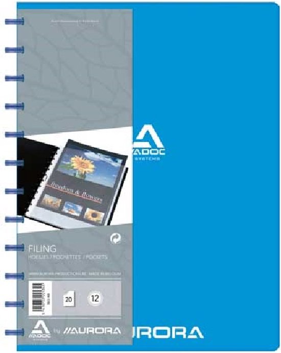 Blauw Adoc Bind-Ex showmap A4 met 20 hoezen. Op de linkerzijde een afbeelding van bloemen en zonnebloemen.