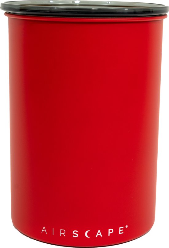 Mat rode Airscape koffiepot met zwarte deksel, met het Airscape logo, op witte achtergrond.