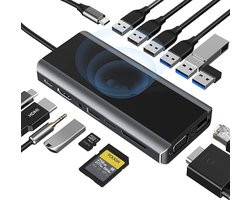 15 in 1 Hub,Dongle USB C Multi-poort Adapter, USB C Docking Station,draadloze oplader= TYPE C to USB3.0*3+USB2.0*4+VGA+RJ45+SD+TF+Audio+HDMI+USB-C PD+ Wireless charger Oplader；voor MacBook Air/Pro, iPad Pro 2021 en Meer