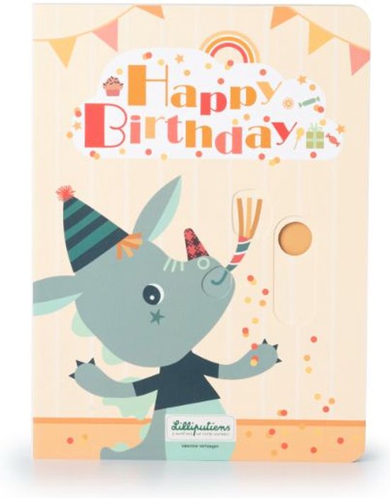 Een kaart met 'Happy Birthday' en een grijze dinosaurus met verjaardagspet, toeter en confetti.