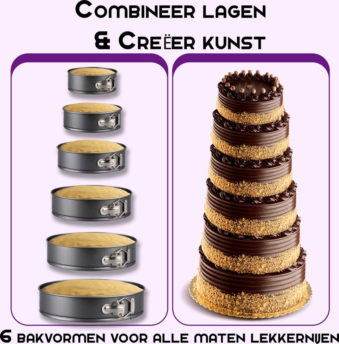 W&Z 6-delige Bakvorm set - Springvorm - Cakevorm - Bakvormen - Taartvorm Ø18 -28cm - 60 bakpapieren – foto 2