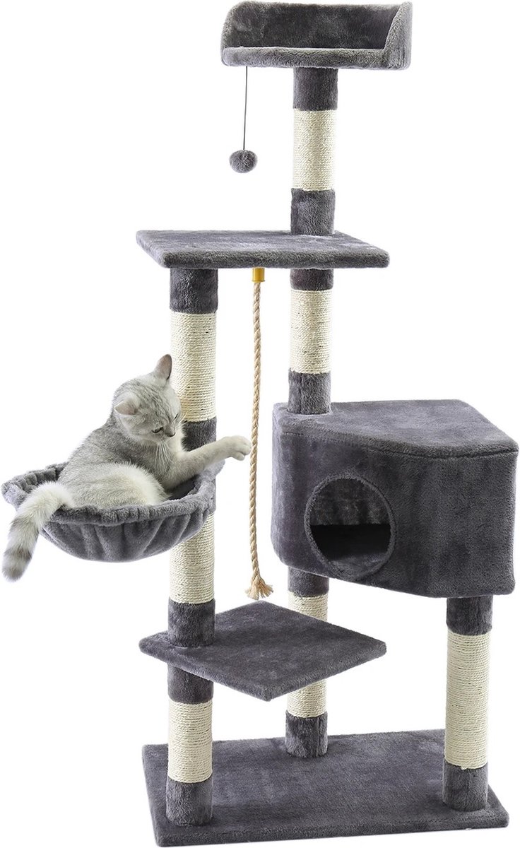 YMA® Kattenkrabpaal grijs - Kattenboom met zitjes - Kattenspeeltje - 138x60x36cm