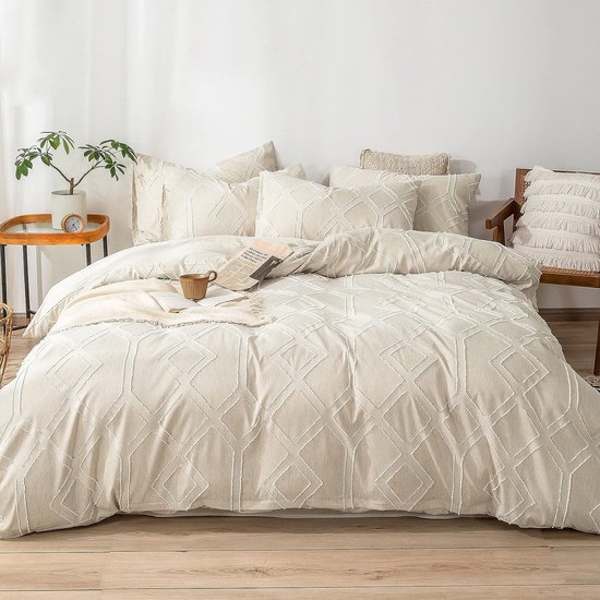 Getuft Boho beddengoedset met borduurwerk Shabby Chic, 1 x dekbedovertrek 200 x 220 cm met 2 x kussenslopen 80 x 80 cm en ritssluiting, effen modern 100% microvezel beddengoed Boheems - beige