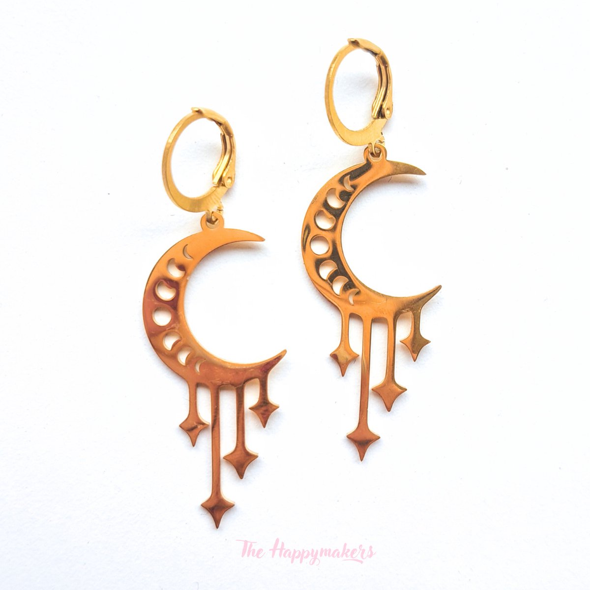 Oorbellen stainless steel ''moon and stars'' waterproof sieraden, roestvrijstaal, bohemian, goud