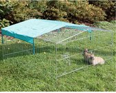 Vrijloopren (ren voor grote konijnen + hazen, afmetingen 115 x 115 cm, hoogte 60 cm, roosterafstand 3,5 cm, uitloop met twee deuren)