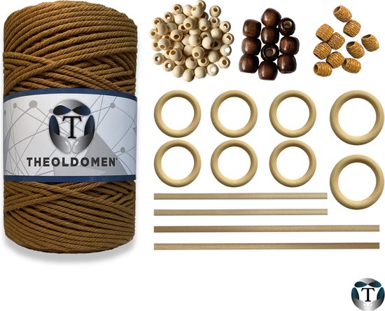 Macramé Pakket | 200 METER | Incl. Handleiding | Mokka | Starter Set | Ringen | Kralen |Stokken | Macramé Touw | 3mm | 100% Katoen | Macramé | Decoratie | DIY | Doe Het Zelf | Wandkleed | Dromenvanger | Plantenhanger | Tassen | TheOldOmen |