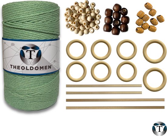 Macramé Pakket | 200 METER | Incl. Handleiding | Mintgroen | Starter Set | Ringen | Kralen |Stokken | Macramé Touw | 3mm | 100% Katoen | Macramé | Decoratie | DIY | Doe Het Zelf | Wandkleed | Dromenvanger | Plantenhanger | Tassen | TheOldOmen |
