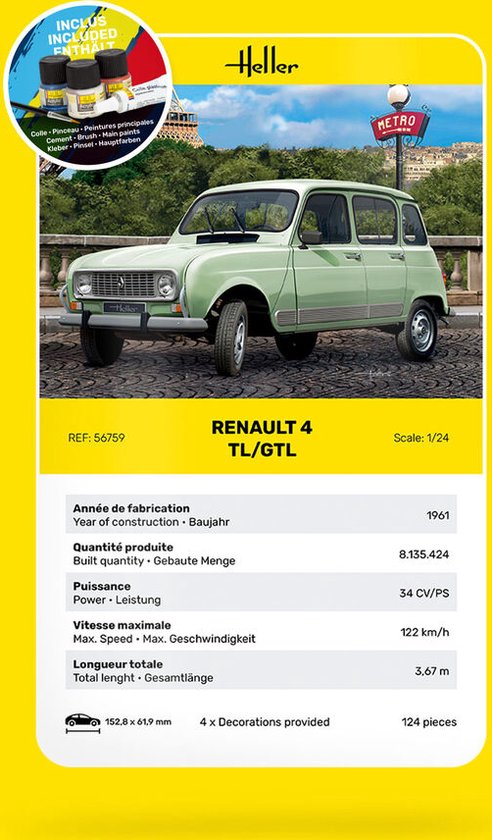 Maquette Renault 4 GTL kit complet - échelle 1/24 - HELLER 56759