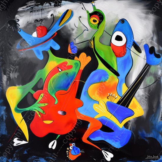 JJ-Art (Glas) 60x60 | Kikkers maken met gitaren muziek, humor, Herman Brood stijl, abstract, kunst | dier, kikker, gitaar, vierkant, grijs, blauw, rood, geel, groen, modern | Foto-schilderij-glasschilderij-acrylglas-acrylaat-wanddecoratie