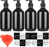 4-Delige Set Lege Shampoo en Zeepdispensers 500 ml - Herbruikbare Plastic Flessen met Pomp voor Badkamer en Keuken - Inclusief Trechter en Etiketten - Zwart
