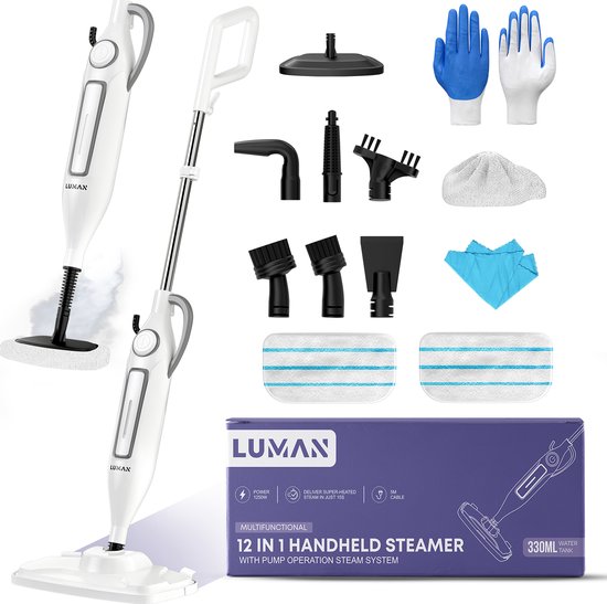 LUMAN 12 in 1 Dampfreiniger Ein Handdampfer V1 - Teppichreiniger - Fleckenreiniger - Mit anpassbarer Dampfkraft - Mit 10 Aufsätzen und 3 Mikrofasertüchern