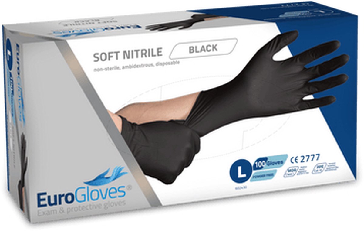 Goedkoopste Eurogloves handschoenen - soft nitrile - zwart - Large - poedervrij- 20 x 100 stuks voordeelverpakking
