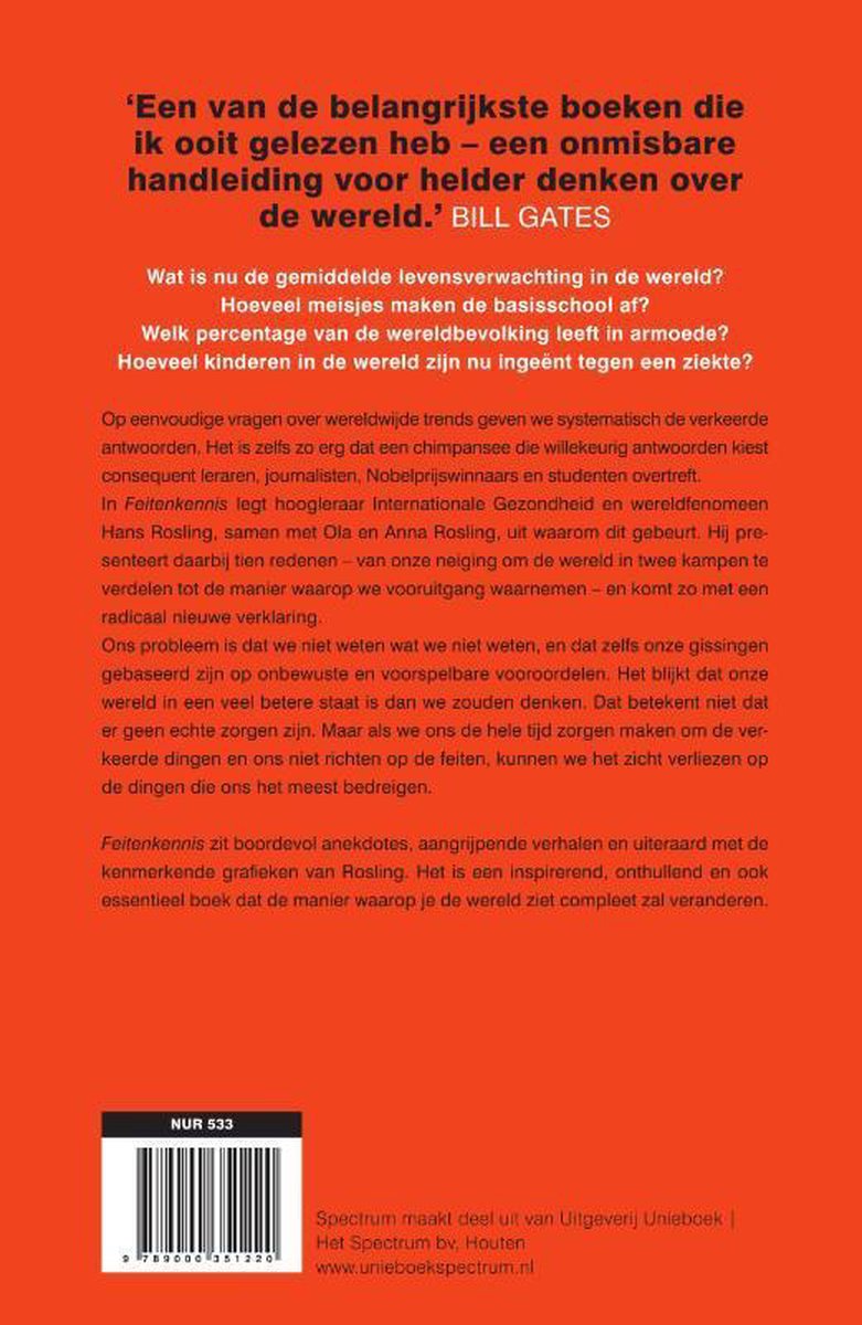 Achterkant van het boek 'Feitenkennis' met een citaat van Bill Gates en tekst over de inhoud.
