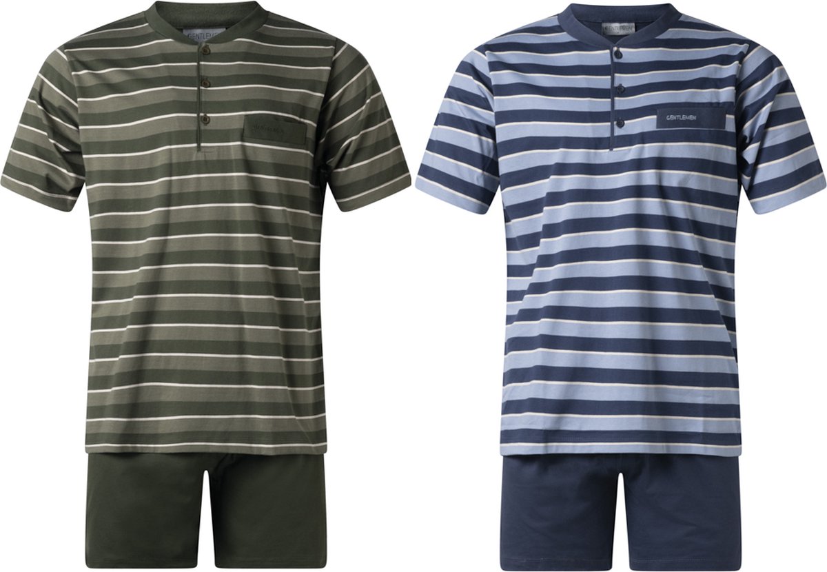 Gentlemen - 2 heren shortama's 114253 - knoophals - in groen en blauw - maat M