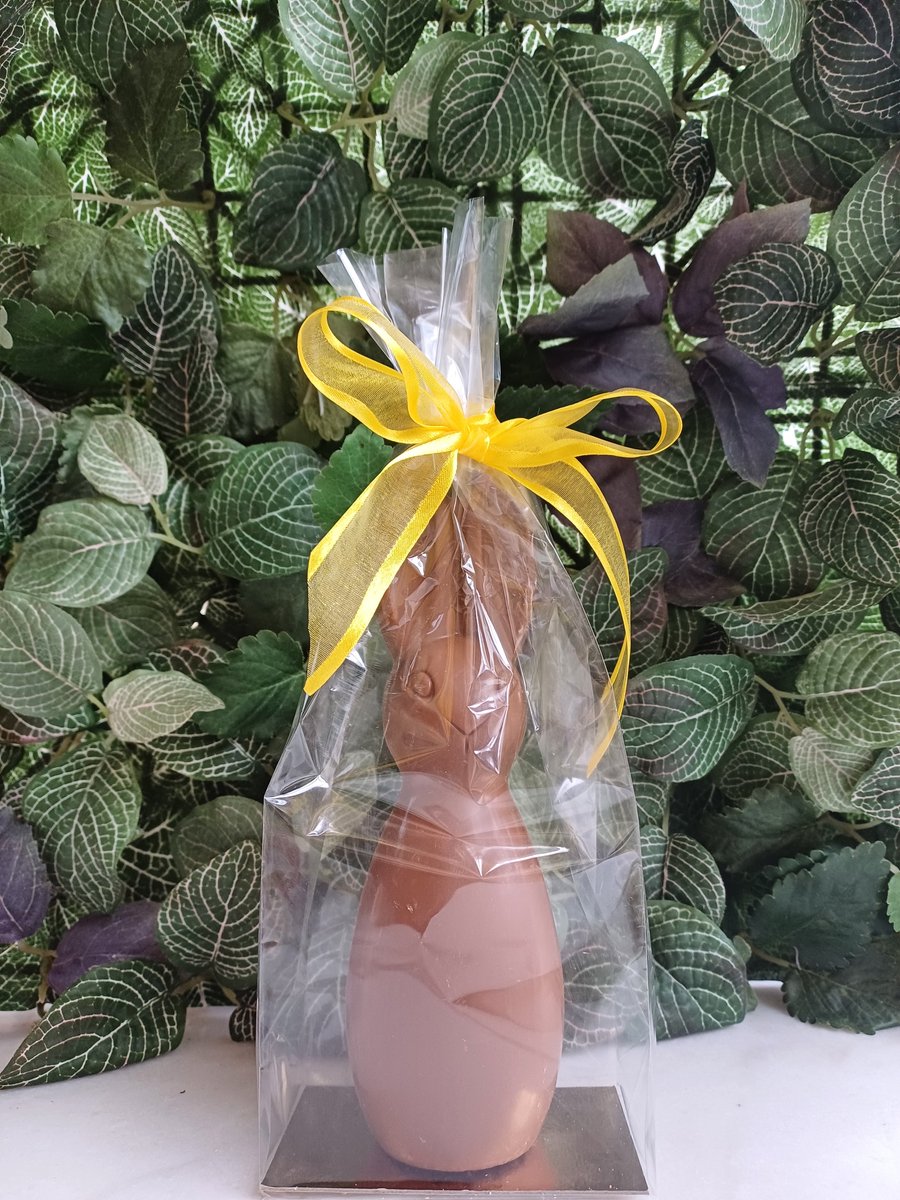 Moderne chocoladefiguur Paashaas 'Yves' in melkchocolade 100gr 20cmH in geschenkverpakking - Smet chocolaterie
