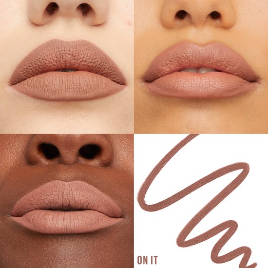 Vier close-ups van verschillende lippen getoond met een nude lip liner. Een lijn van de lip liner is ook zichtbaar.
