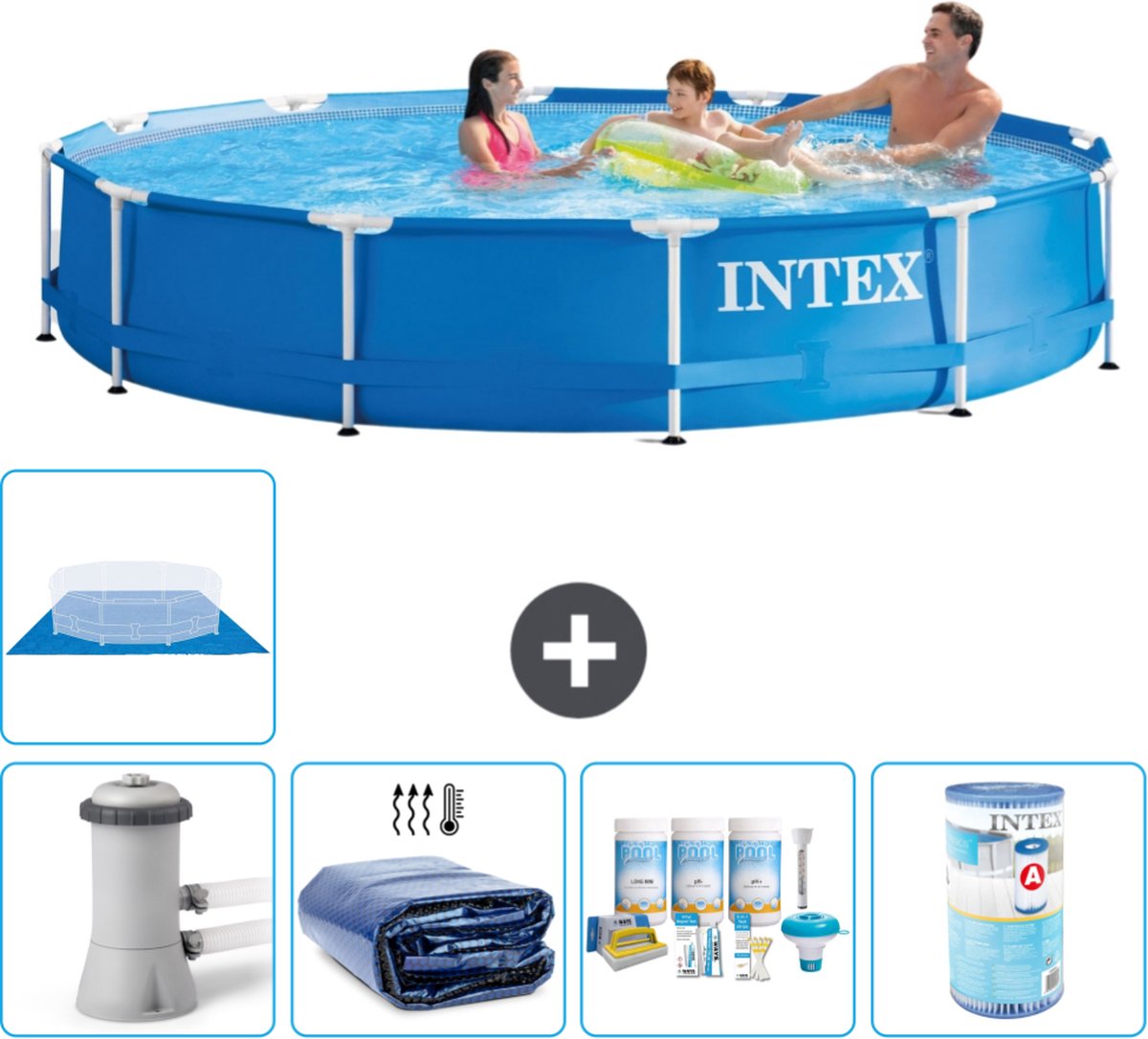 Intex Rond Frame Zwembad - 366 x 76 cm - Blauw - Inclusief Pomp Solarzeil - Onderhoudspakket - Filter - Grondzeil - Stofzuiger