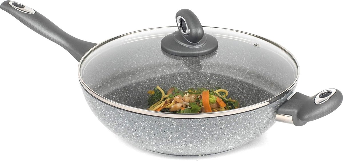 Wokpan anti aanbaklaag bakelieten handgreep met siliconen coating geschikt voor alle soorten kookplaten inclusief inductie gesmeed aluminium 28 cm grijs
