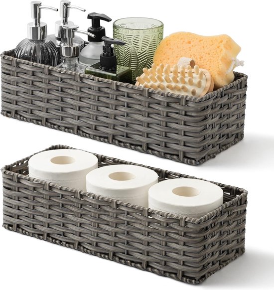 Mandenopslag gevlochten, 2 stuks opbergmanden voor keuken, toilet, badkamer, plankmand achter het toilet, toiletpapier rotanmand, manden voor plank waterdicht - grijs